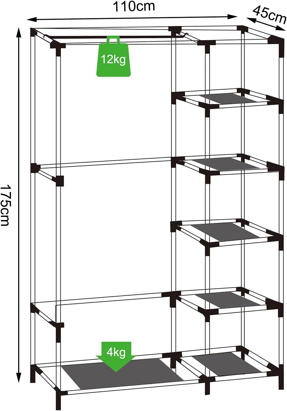 dibea Faltbarer Stoff-Kleiderschrank 175x110x45 cm, grau 175x110x45 cm Grau, 175x110x45 cm Grau