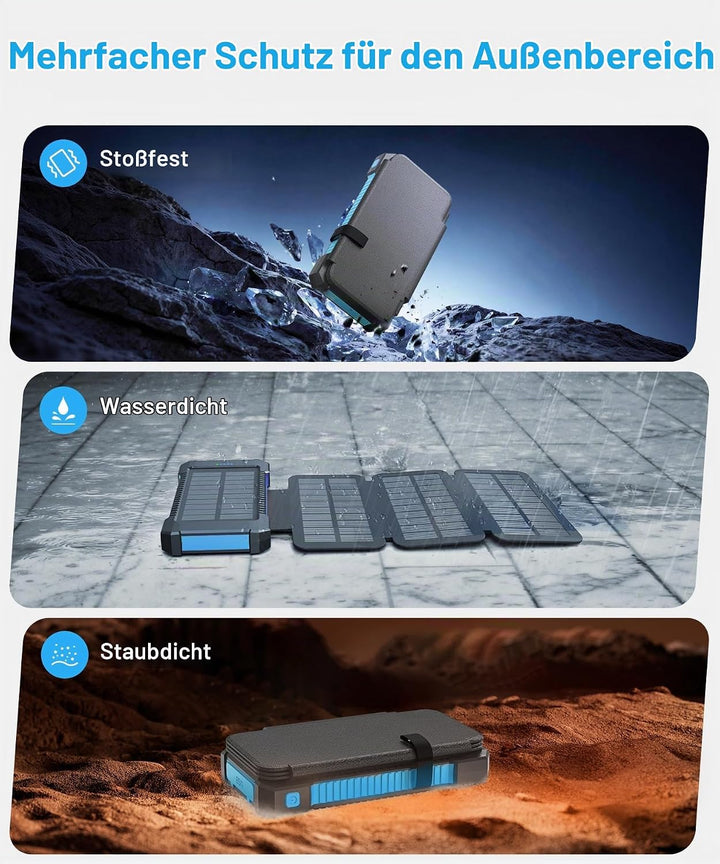 Solar Powerbank 26800 mAh, Powerbank USB-C 18W Schnellladung für iPhone Samsung und mehr, IPX7 wasse