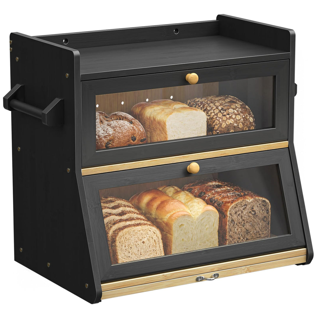 Bambus Brotkasten 2 Etagen Schwarz Brotkorb Holz Natürlich, Schwarz