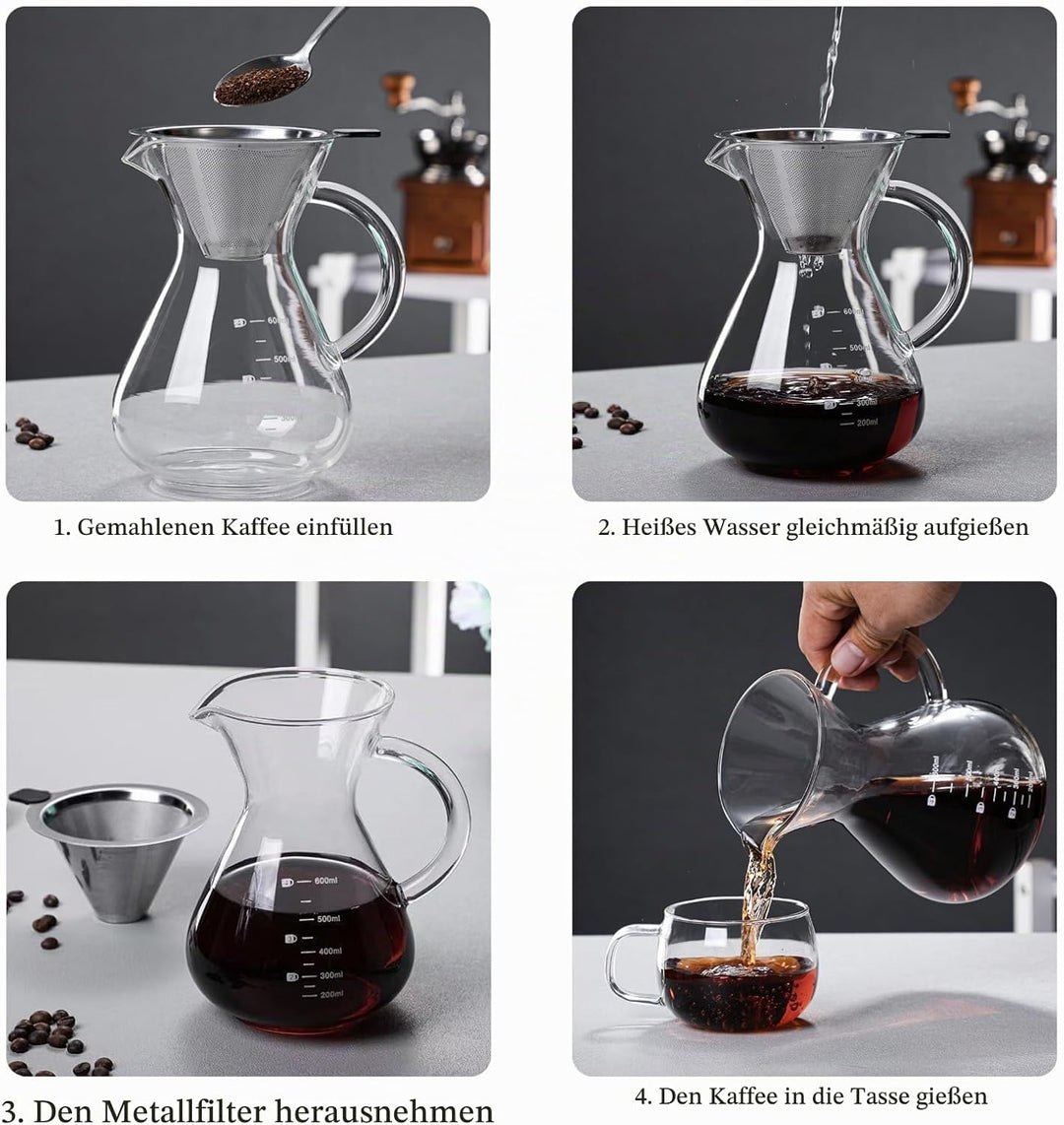 Pour Over Kaffeebereiter, 600ml Glas Kaffeekanne mit Filter und Hitzebeständigem Griff, Pour Over Co