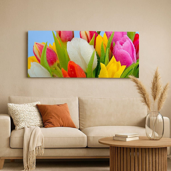 Wandbilder Dekoration Wohnzimmer Tulpen Blumenstrauss Blumen Tau Panorama Bilder auf Leinwand 120x50