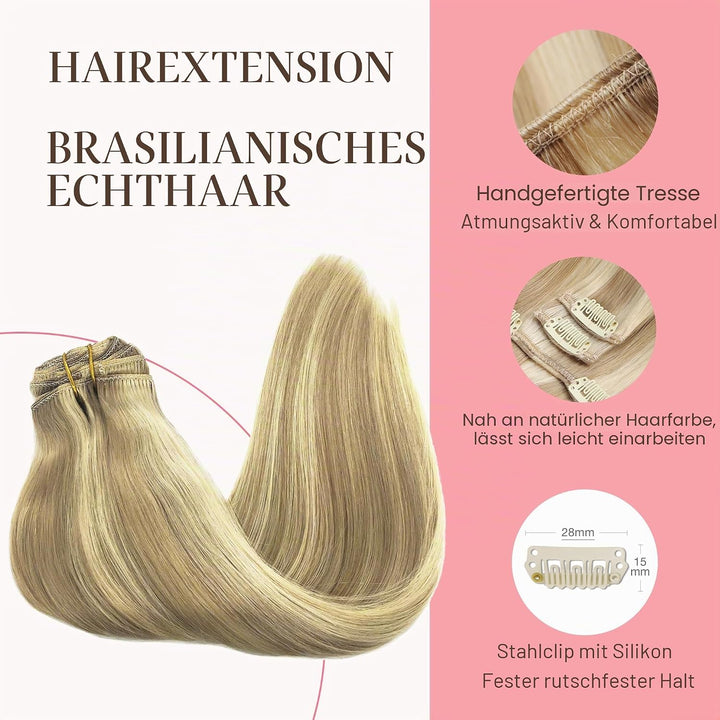GOO GOO Clip in Extensions Echthaar, Echthaar Extensions Clip, 35cm 120g 7pcs, Extensions Echthaar,