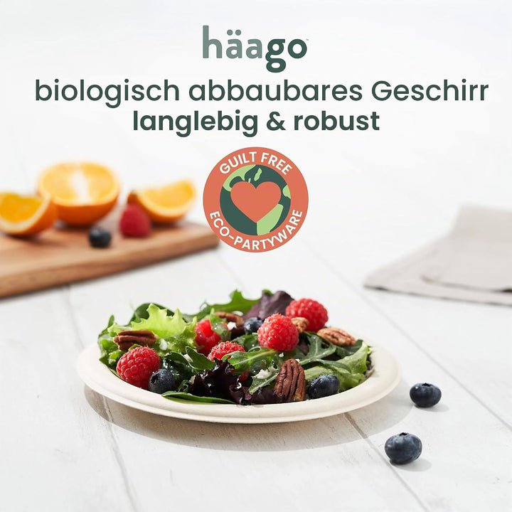 HAAGO Zuckerrohr Bagasse Einwegteller für Geburtstage, Hochzeiten, Partys - Stabil, Umweltfreundlich