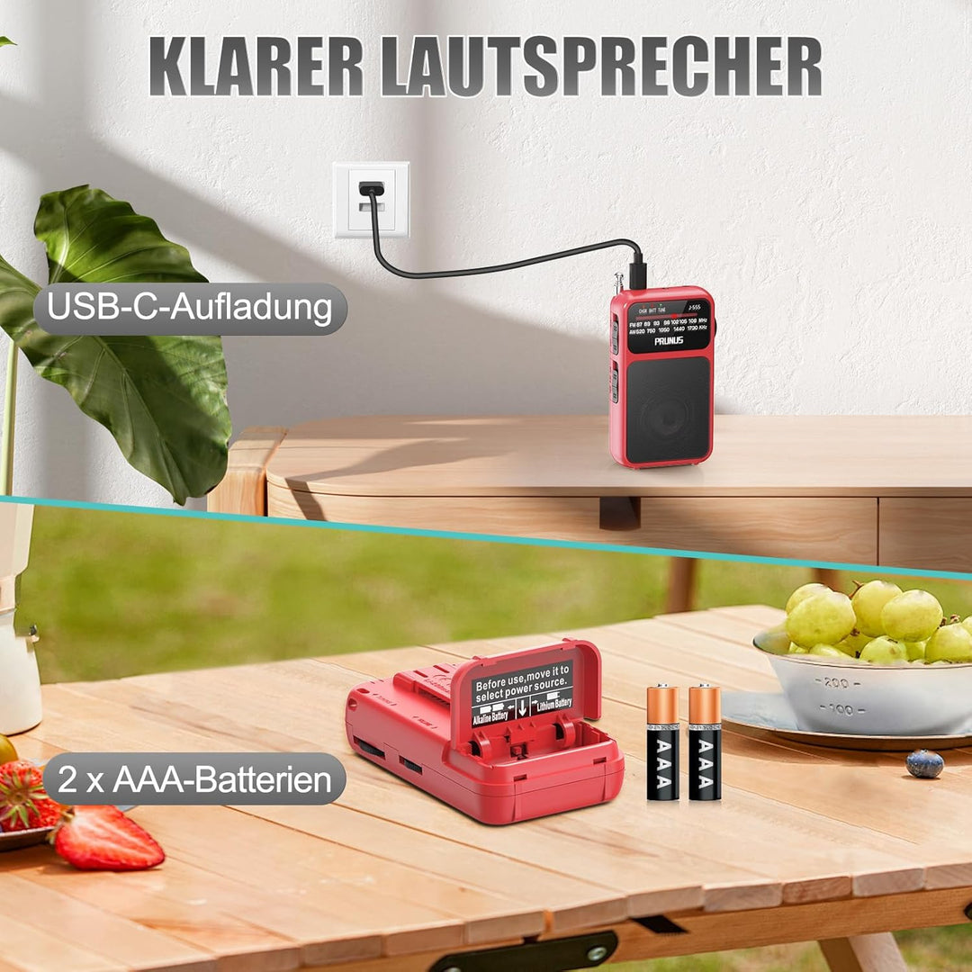 PRUNUS J-555 AM/FM/UKW Radio Klein, Kleines Radio mit Akku, USB-C-Laden, Mini Radio Batteriebetriebe