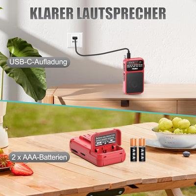 PRUNUS J-555 AM/FM/UKW Radio Klein, Kleines Radio mit Akku, USB-C-Laden, Mini Radio Batteriebetriebe