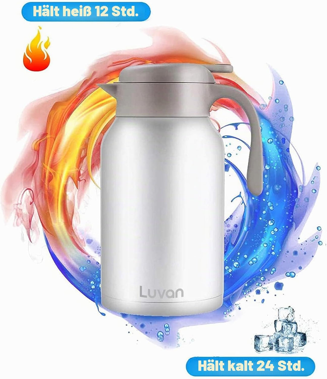 Luvan Thermoskanne 2,0 l, Thermokaraffe aus Edelstahl, Warmhaltefunktion, kalt, 24 Stunden (weiss),
