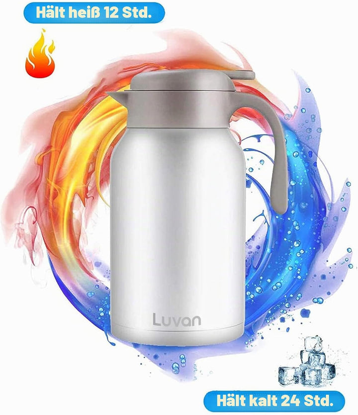 Luvan Thermoskanne 2,0 l, Thermokaraffe aus Edelstahl, Warmhaltefunktion, kalt, 24 Stunden (weiss),