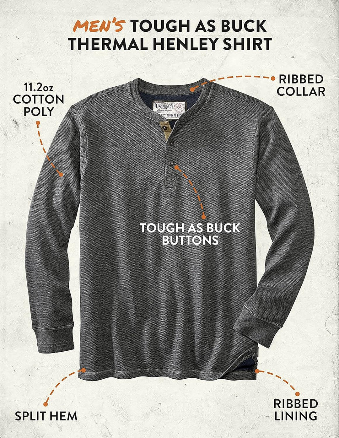 Legendary Whitetails Men's Tough as Buck Double Layer Thermal Henley Shirt-Casual Long Sleeve Waffle