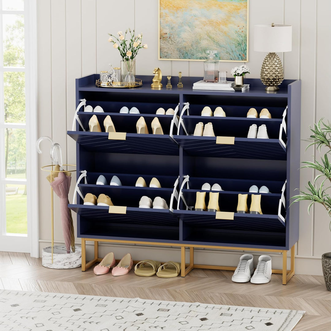 UEV Schuhschrank schmal mit 4 Klappen, 100x24x103,5cm Schuhregal (Blau) | Schuhkommode Geschlossen m