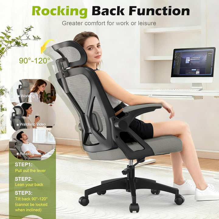 Bürostuhl, ergonomischer Schreibtischstuhl mit gepolsterter Lendenwirbelstütze und hochklappbaren Ar
