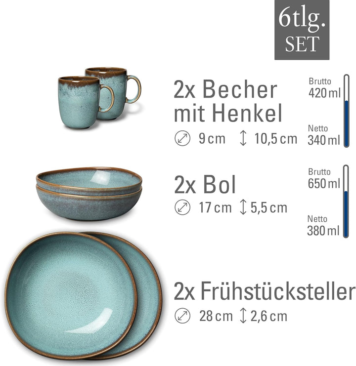 like. by Villeroy &amp; Boch - Lave glacé Geschirr Set aus Steingut, 6tlg., Pottery Look, Frühstückservi