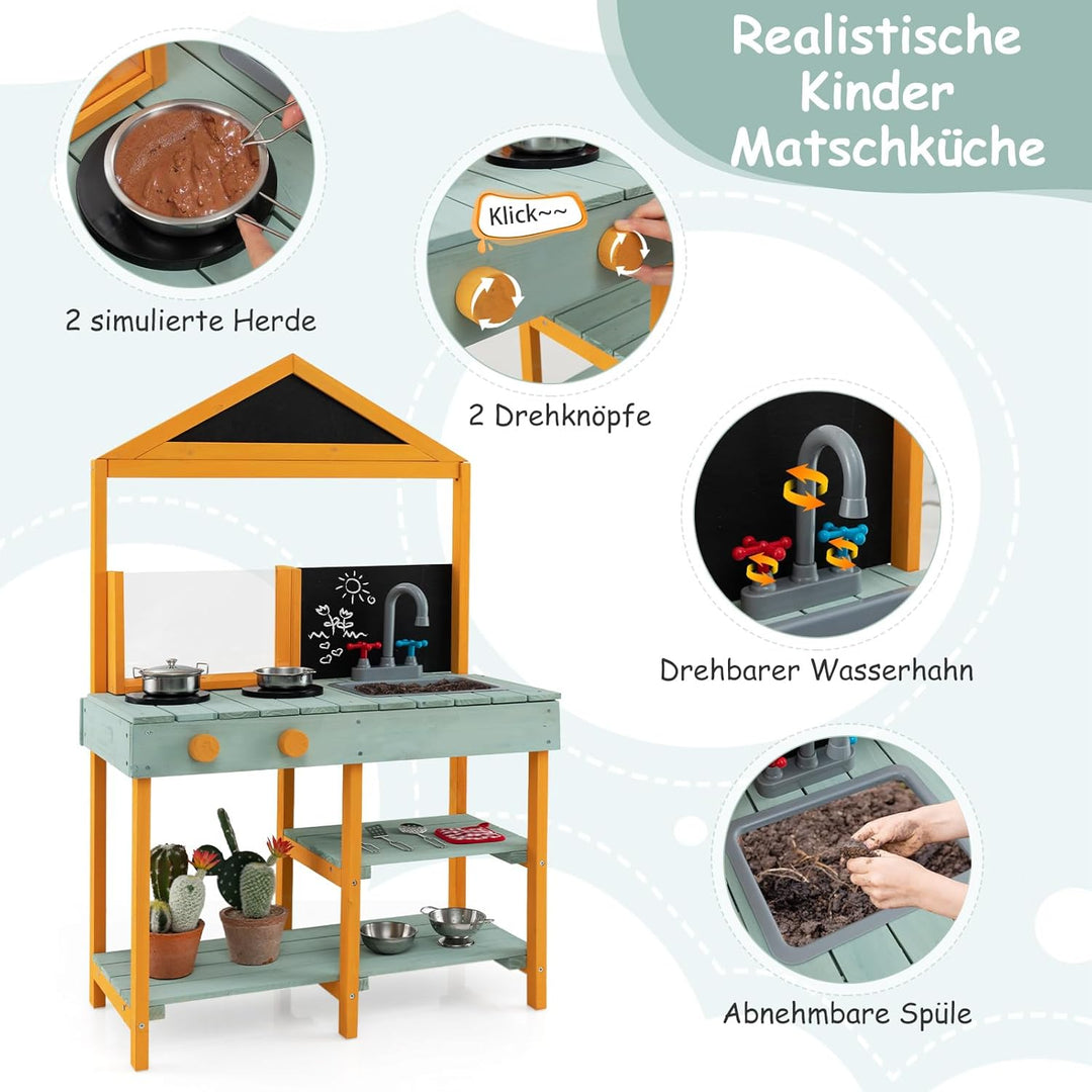COSTWAY Matschküche Kinder Outdoor, Kinderküche Tannenholz mit Pflanzbehälter & 2 Kreidetafeln & Was