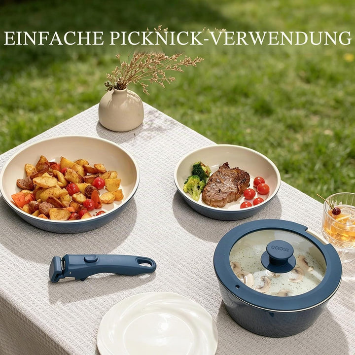 Keramik Pfannenset mit Abnehmbaren Griff Induktion 8-Teilig, Topfsets Platzsparendes Kochgeschirr Br