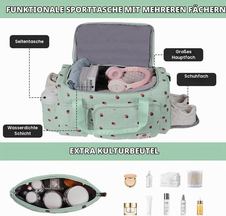 Sporttasche Damen, Sporttasche Kinder, Faltbare Reisetasche Weekender mit Schuhfach und Nassfach, Re