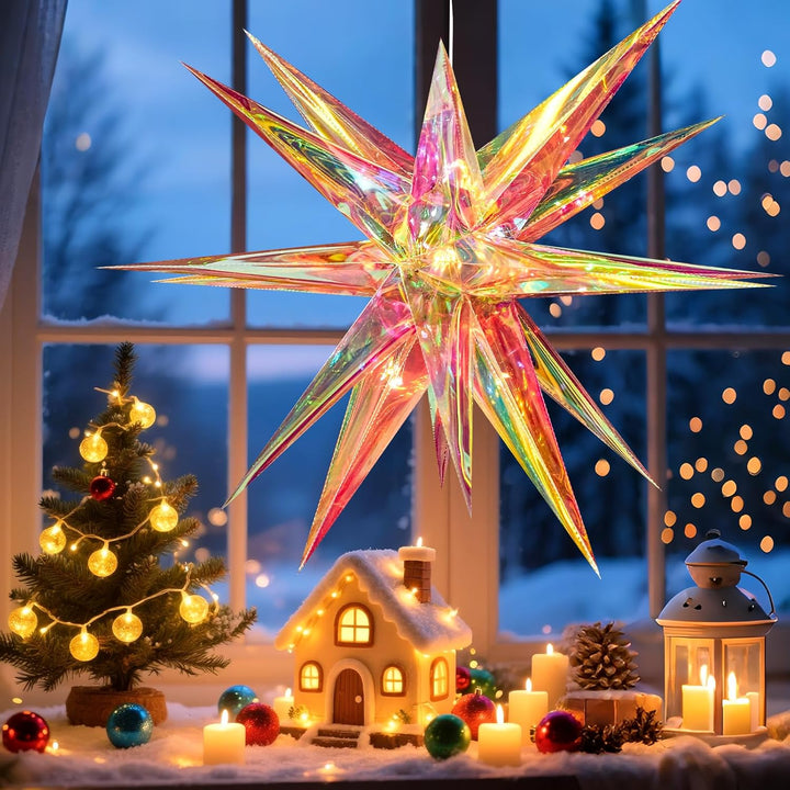 EASY JOY 60cm Weihnachtsstern Beleuchtet Faltstern mit 18 Spitzen Schillernder 3D-Stern Leuchtstern