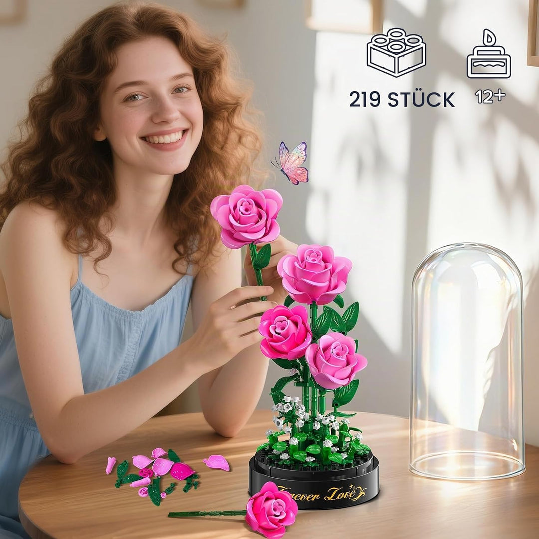 HiWEEGO Rosa Rosen Blumenstrauss Bauset mit LED Licht für Ehefrau Erwachsene | 3,6 MM Rosenstrauss m