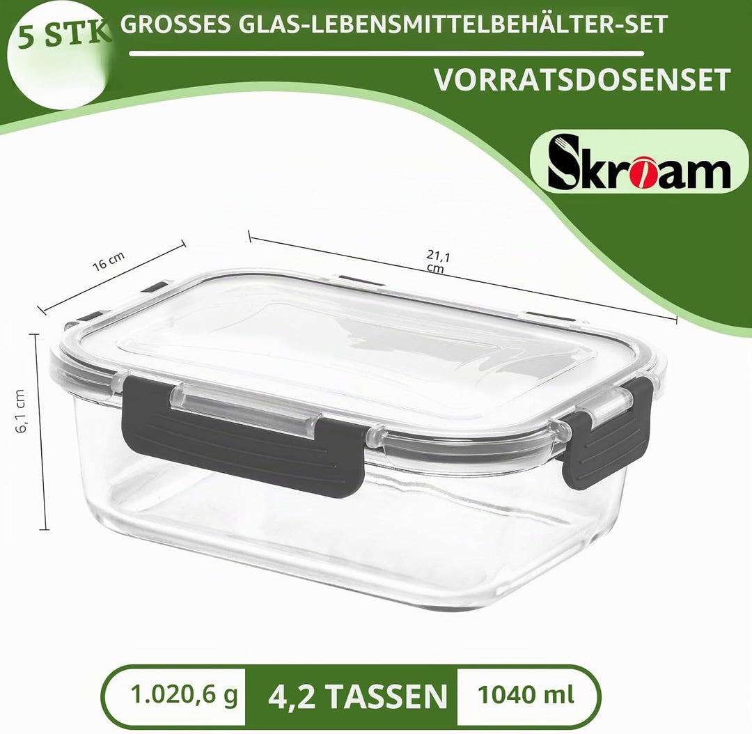 Glas-Frischhaltedosen Set für Lebensmittel,10Teile (5 Deckel & 5 Behälter), Skroam Aufbewahrungsbox