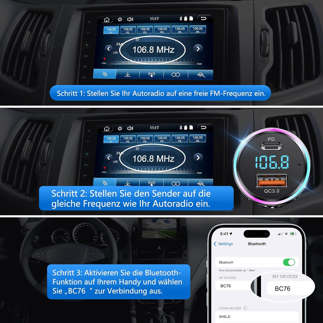 LENCENT Bluetooth FM Transmitter, Bluetooth 5,3 KFZ Auto Radio Bluetooth Adapter, Autoladegerät Ziga