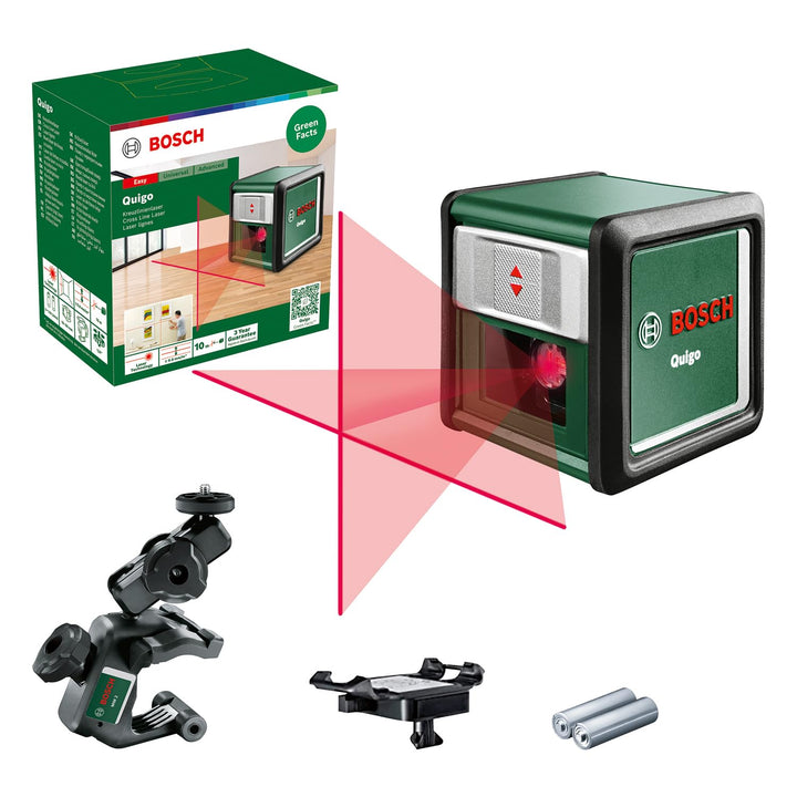 Bosch Kreuzlinienlaser Quigo mit Universalklemme MM 2 (einfaches und präzises Ausrichten mit flexibl