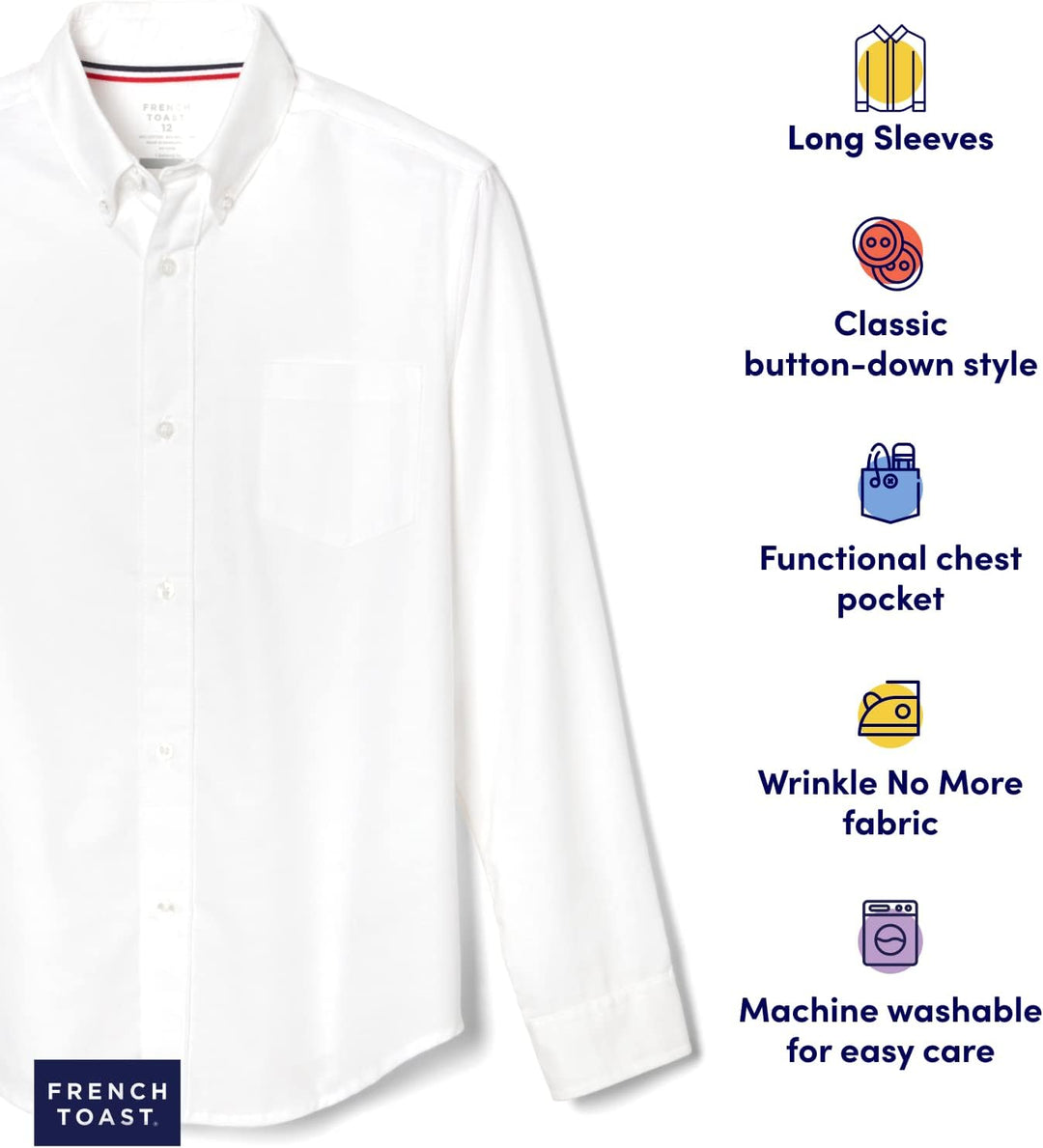 French Toast Boys' Long Sleeve Oxford Dress Shirt, White, 10 Husky