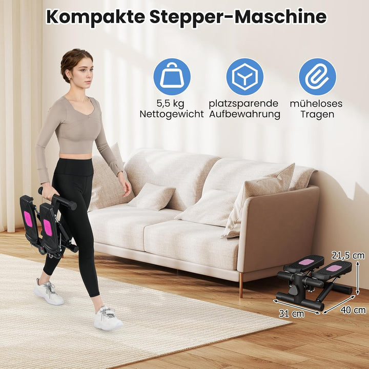 GYMAX Mini Stepper für Zuhause, Up-Down Stepper mit Power Ropes, LCD-Monitor & 5-stufige höhenverste