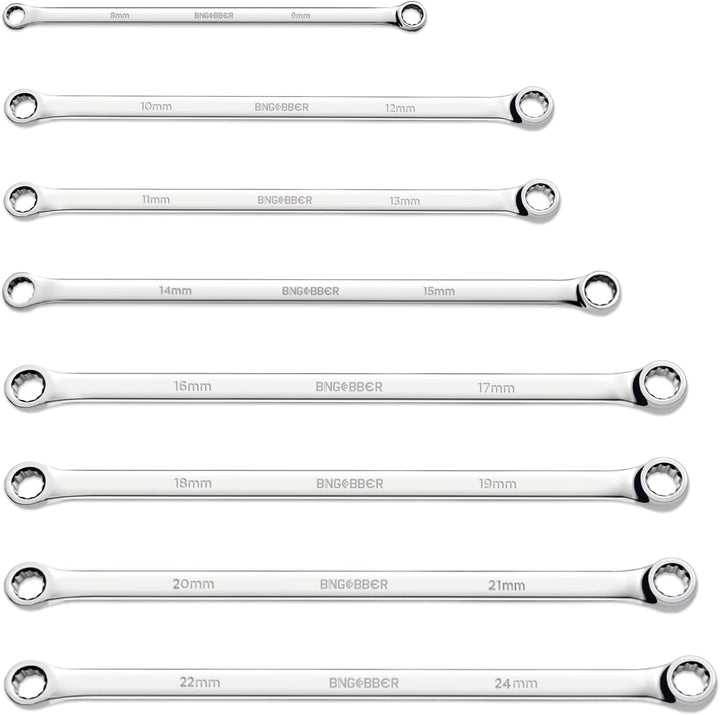 BINGCOBBER Doppel Ringschlüssel Satz,8-tlg Extra langer Schraubenschlüssel, CV-Stahl 8mm-24mm 8PCS 8