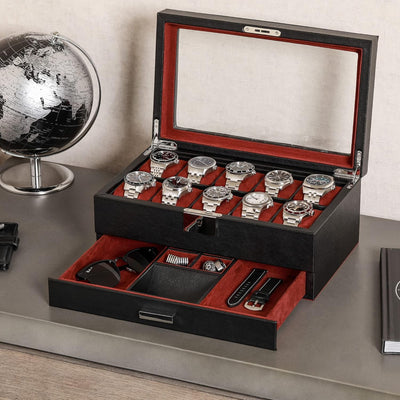 ROTHWELL Leder-Uhrenbox 10 Fächer mit Schublade, Luxus-Uhrenetui mit weichen Kissen, abschliessbarer