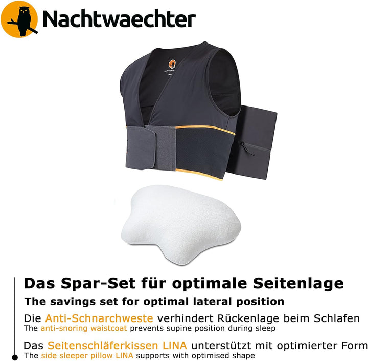 Nachtwaechter Schlafweste &amp; Seitenschläfer-Kissen LINA - Anti-Schnarch-Set für gesunden Schlaf (L/XL