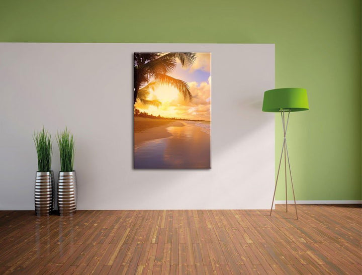 Pixxprint Strand Meer Sonnenuntergang Steine Sand, Format: 100x70 auf Leinwand, 100x70
