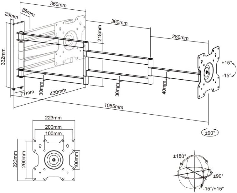 Axis XL 108,5cm TV Wandhalterung schwenken neigen rotieren, TV bis 25kg, VESA 200x200 weiss 108,5 cm