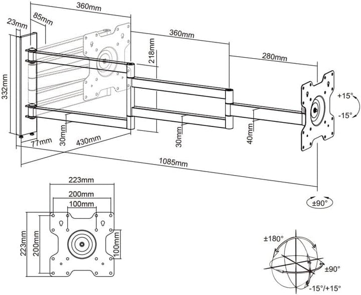 Axis XL 108,5cm TV Wandhalterung schwenken neigen rotieren, TV bis 25kg, VESA 200x200 weiss 108,5 cm