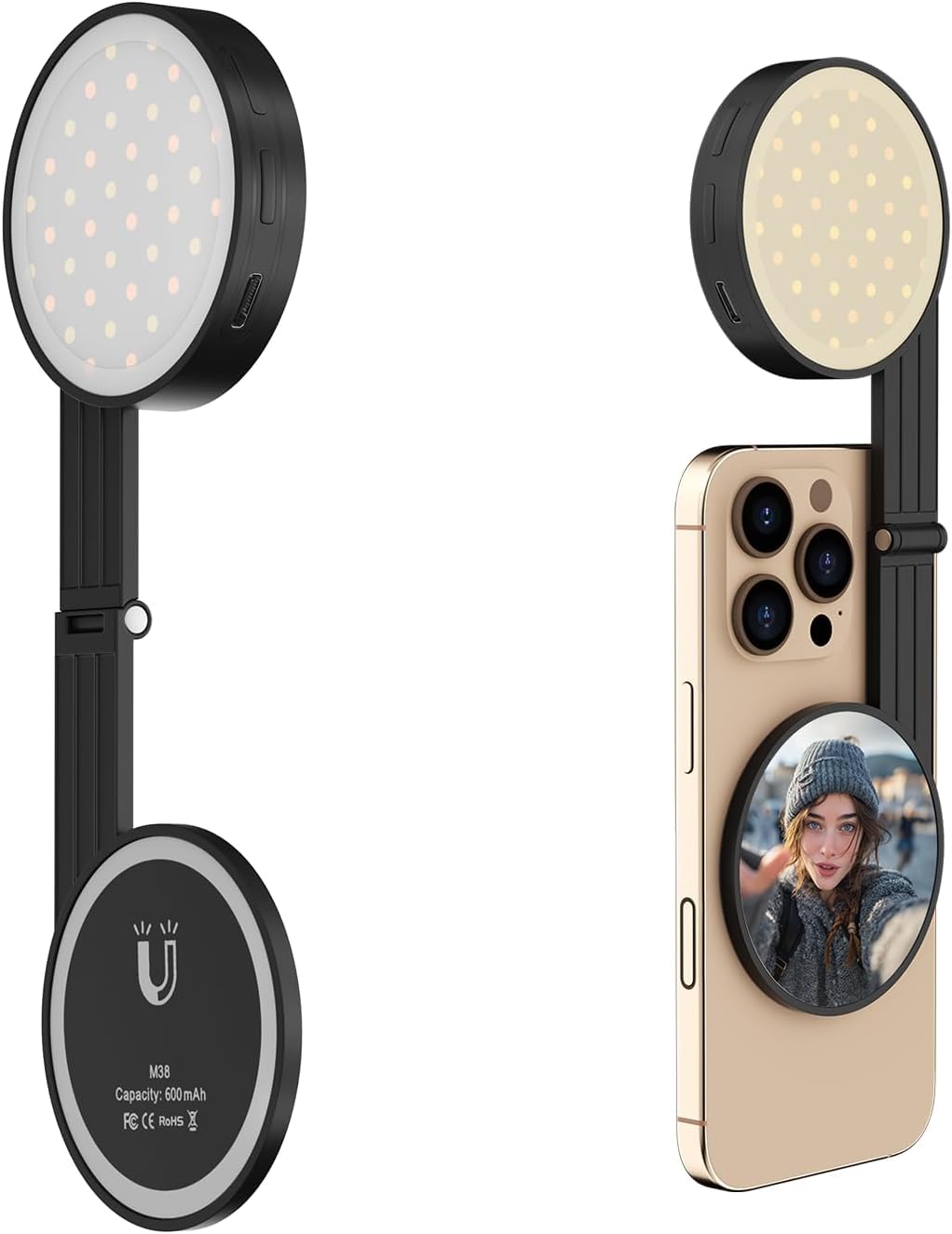 Magnetic Dual-Sided Selfie Light Compatible with MagSafe iPhone, 42LEDs per Side, CRI95+ Rechargeabl