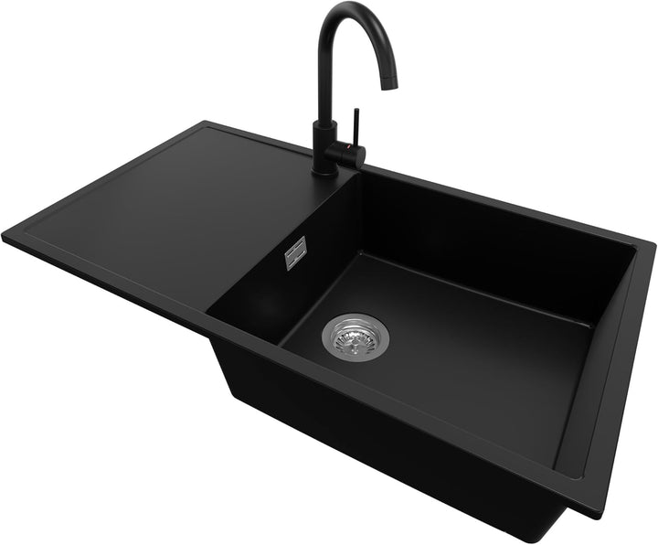 Spülbecken Schwarz 90x50 cm, Granitspüle 1 Becken XL + Ablauf-Set + Küchenarmatur 5000, Küchenspüle
