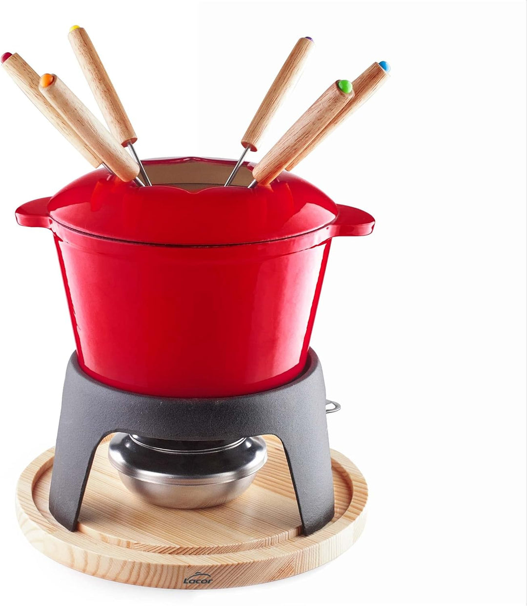 Lacor - 71711 - Fondue-Set aus emailliertem Eisen, Eisenständer mit Holzsockel, induktionsgeeignet,