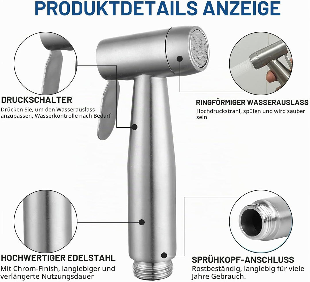 Bidet Edelstahl Handbrause, Badezimmer - Bidetaufsatz mit mit Wasserhahn-Spender, Federschlauchhaken