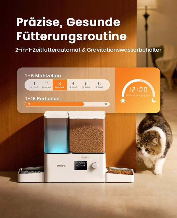 oneisall Futterautomat Katze und Trinkbrunnen 2-in-1, 8,5L/1-36 Portionen, 5L Futterspender mit 3,5L