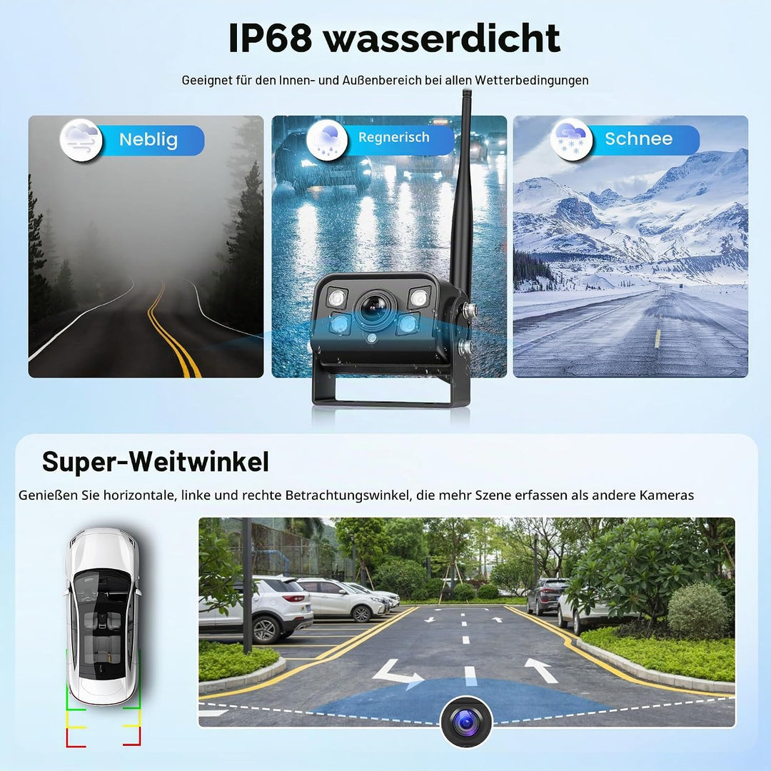 Rückfahrkamera Kabellos Kit, 1 Kamera mit 9 Zoll IPS Monitor, Rückfahrkamera mit IP68 wasserdichte,