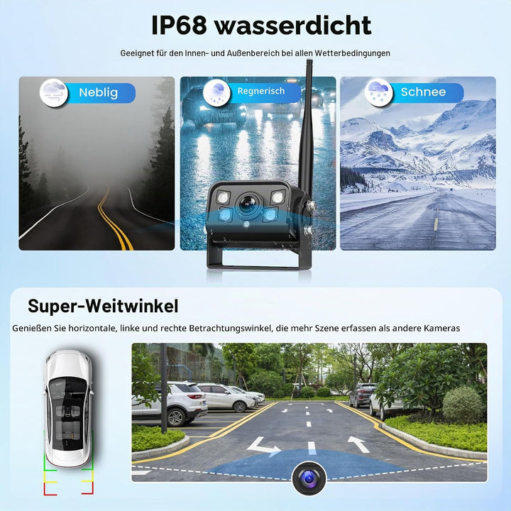 Rückfahrkamera Kabellos Kit, 1 Kamera mit 9 Zoll IPS Monitor, Rückfahrkamera mit IP68 wasserdichte,