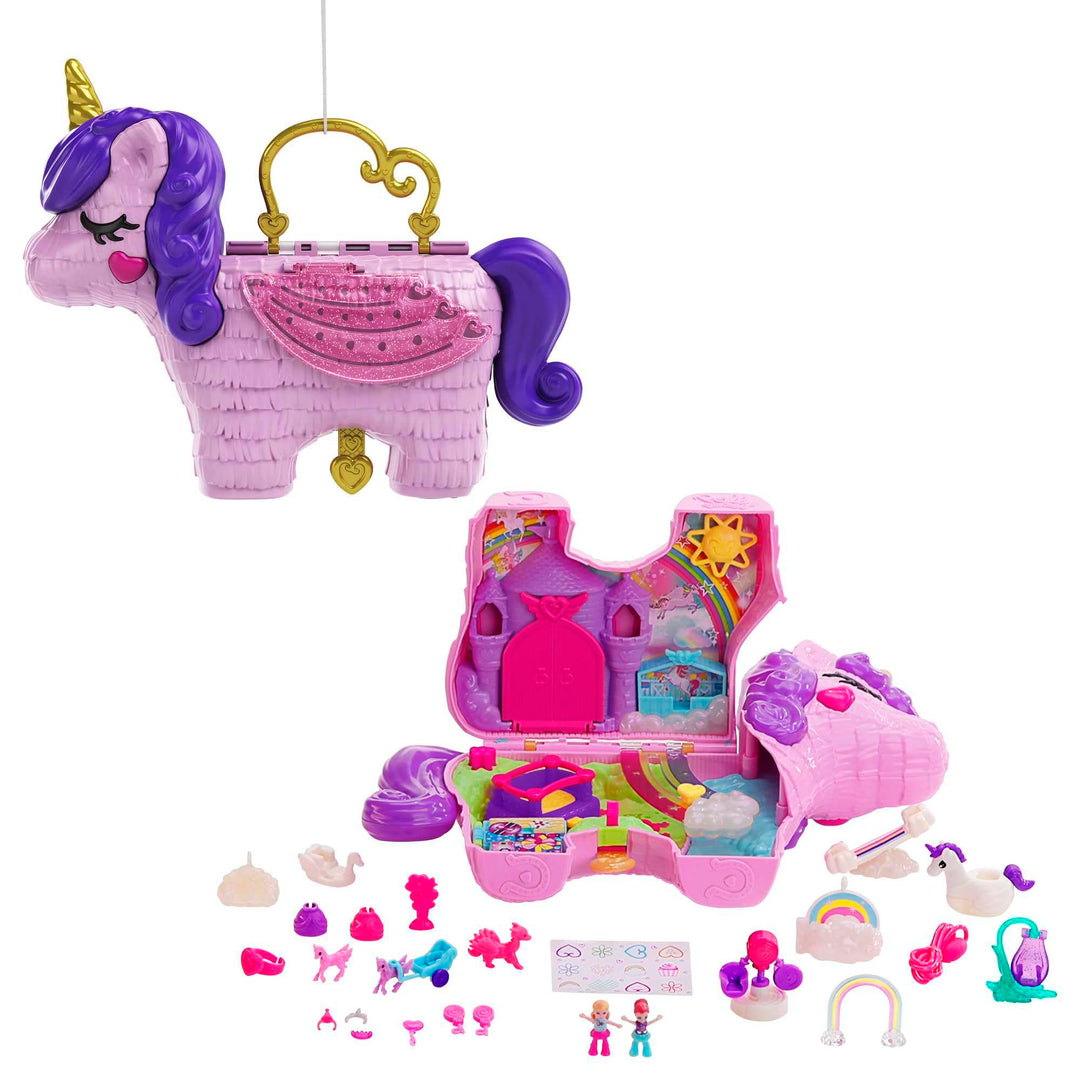 Polly Pocket Einhorn, in Prinzessinnen Schloss Thema, mit 25 Zubehörteilen wie 2 Puppen, Schaukel un