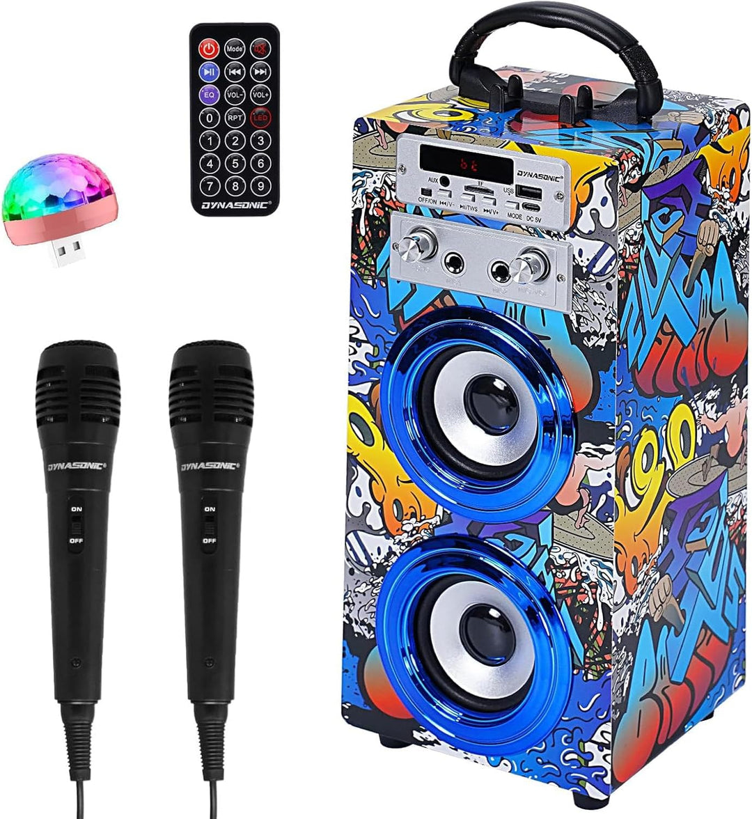 DYNASONIC Karaoke mit 2 Mikrofonen, tragbarer Karaoke-Maschine, Bluetooth-Lautsprecher, USB- und SD-