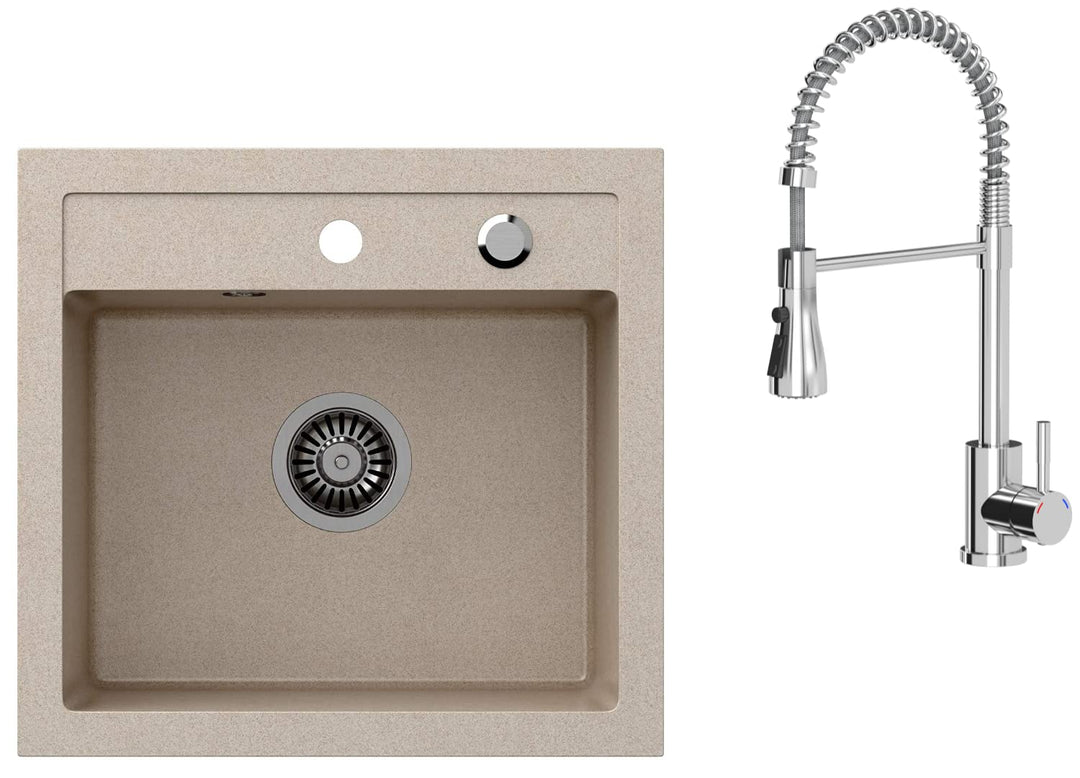 VBChome Spülbecken mit Armatur 50 x 47 cm Beige Granit Spüle Einzelbecken Küche Einbauspüle Verbunds