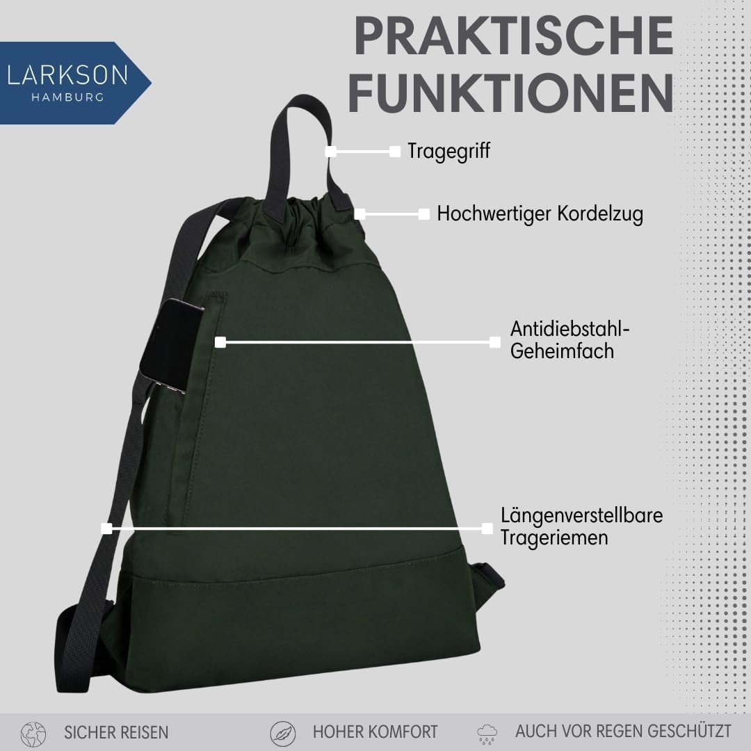LARKSON Turnbeutel Damen &amp; Herren Dunkelgrün - No 7 - Rucksack Damen für Sport und Festival - Beutel