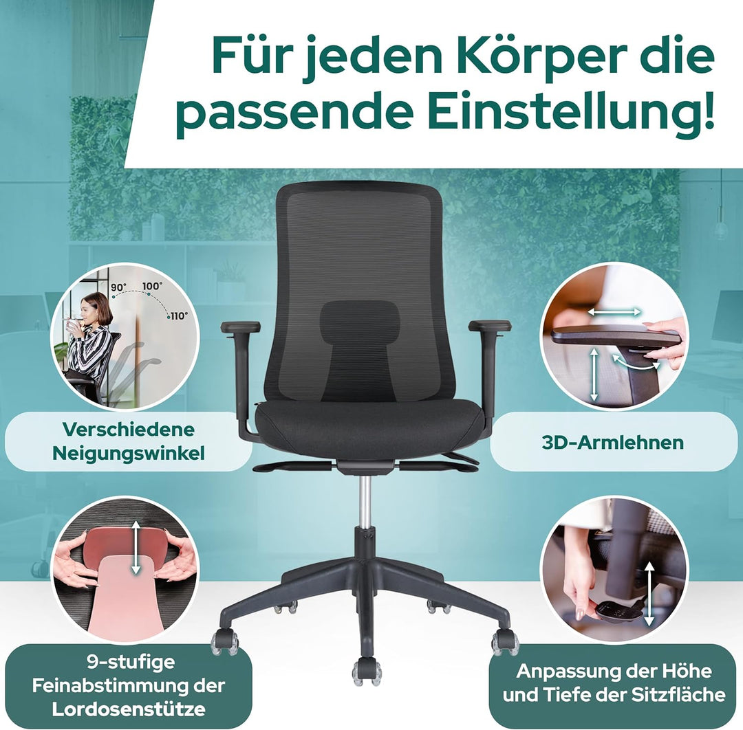 SCHEKKA® Bürostuhl Ergonomisch Testsieger - Besonders individuell Einstellbarer Schreibtischstuhl mi