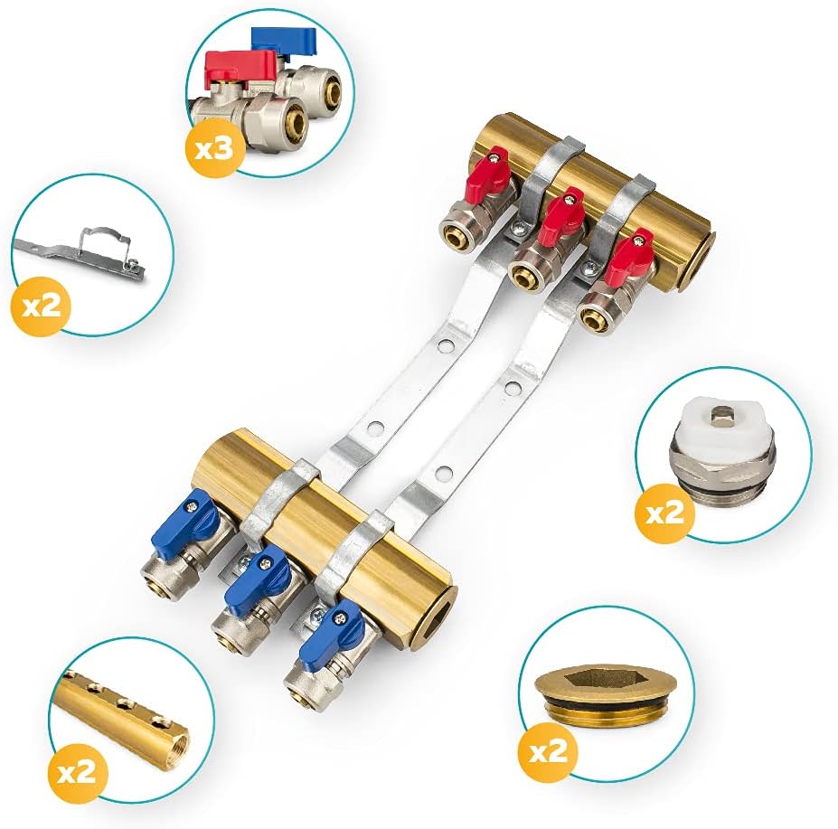 Messing Heizkreisverteiler 3 Heizkreise Set mit 6 x PEX Kugelhahn mit Klemmring 16mm x 1/2" AG & 2 x
