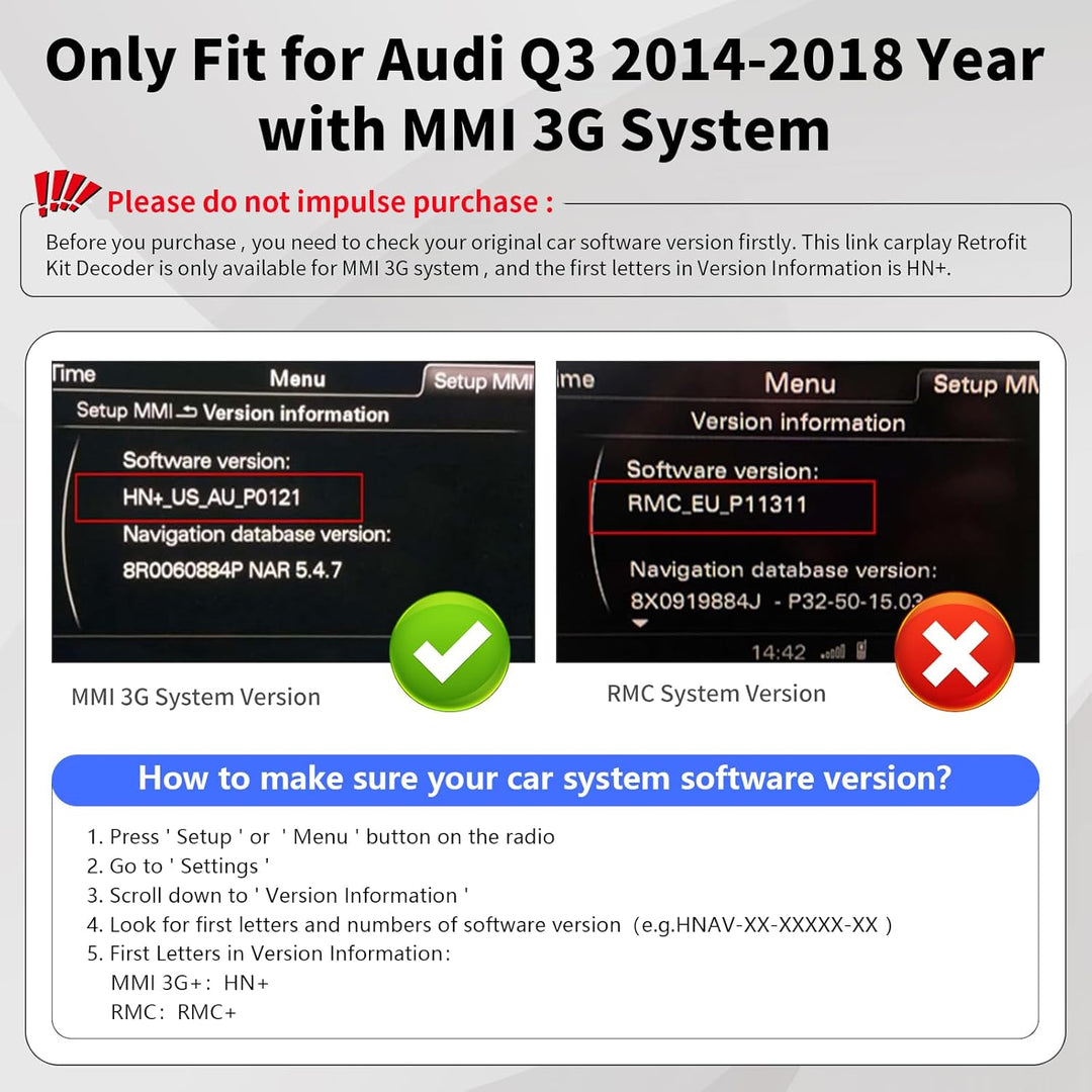 Road Top CarPlay Wireless Modul für Audi Q3 2014-2018 Jahr mit MMI 3G | HN+ Auto Software Version, C