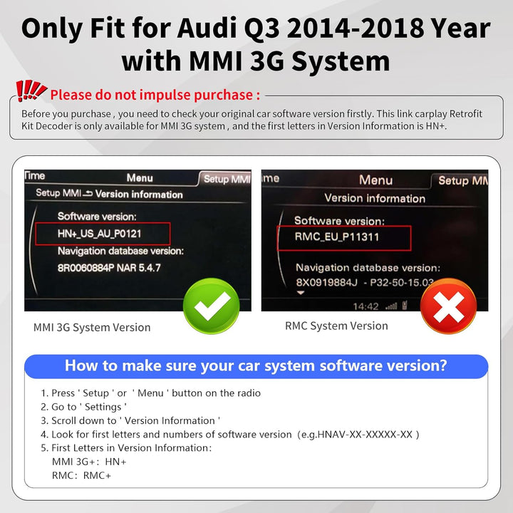 Road Top CarPlay Wireless Modul für Audi Q3 2014-2018 Jahr mit MMI 3G | HN+ Auto Software Version, C