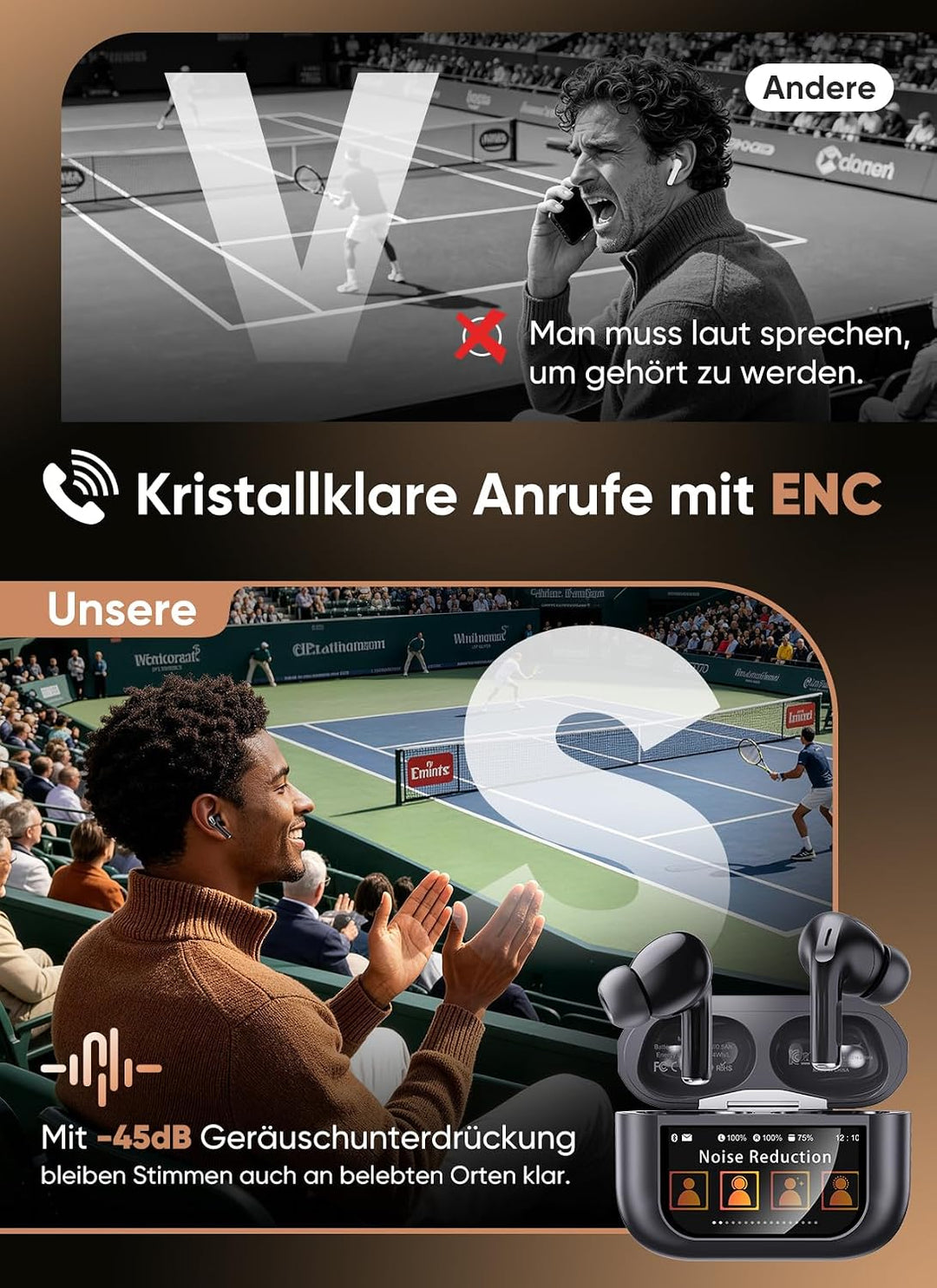 ZZU Kabellose Bluetooth Kopfhörer mit Smart Touchscreen, 48 Std. Laufzeit, Bluetooth 5.4 In-Ear Ohrh