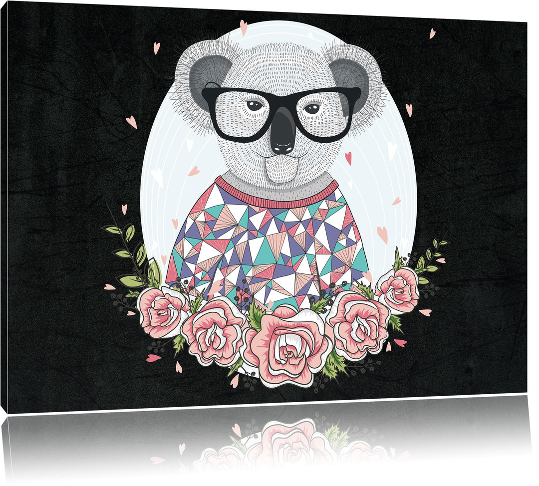 Pixxprint Hipster Koala mit Rosen als Leinwandbild/Grösse: 100x70 cm/Wandbild/Kunstdruck/fertig besp