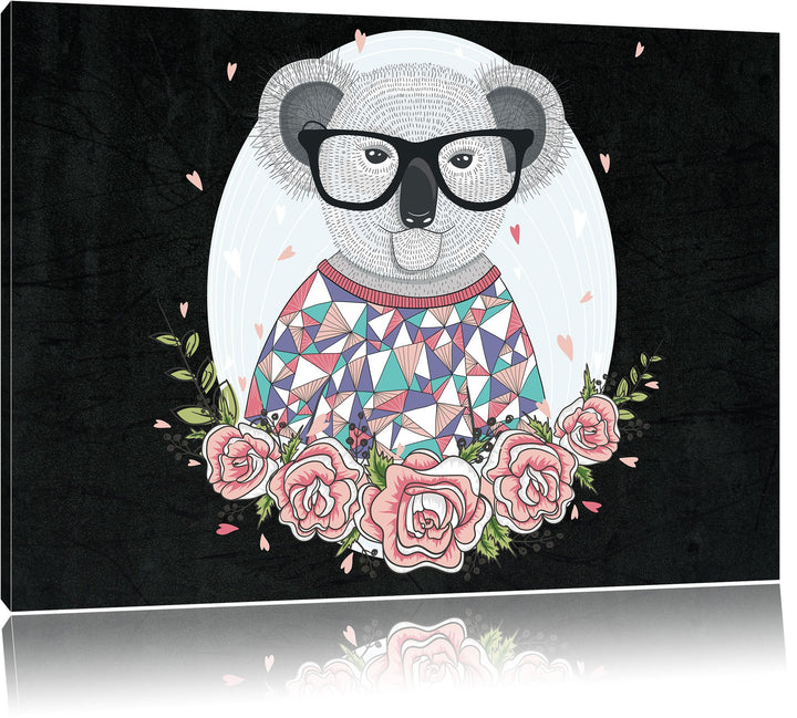 Pixxprint Hipster Koala mit Rosen als Leinwandbild/Grösse: 100x70 cm/Wandbild/Kunstdruck/fertig besp