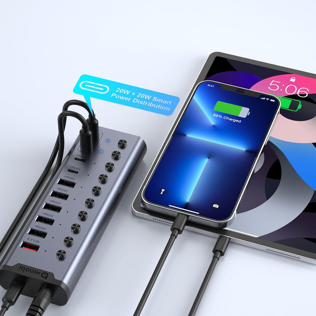 Aktiver USB-Hub, 10-Port USB-C-Hub mit 5 USB-A 3.2, 2 USB-C 3.2 und BC1.2 sowie 2 PD 45W Ladeanschlü